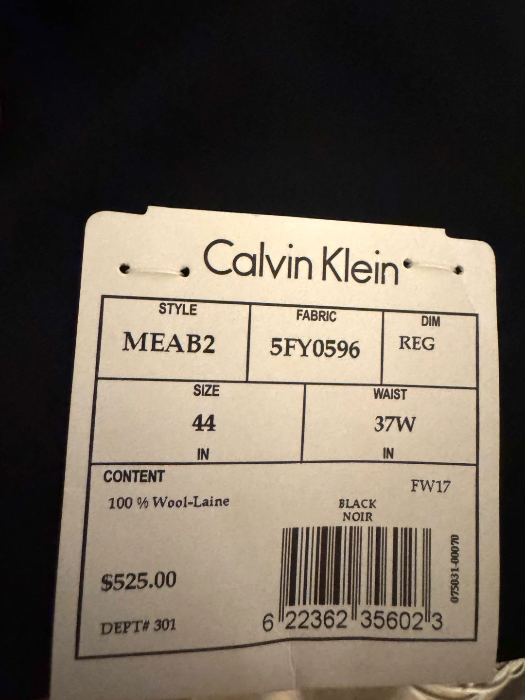 Calvin Klein Black Wool Suit - Size 44 (pant waist 38”) - photo 2