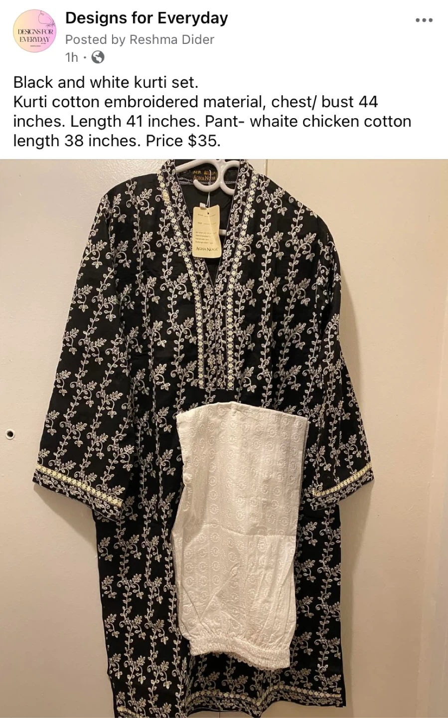 Black & White Kurti Set - Size 44