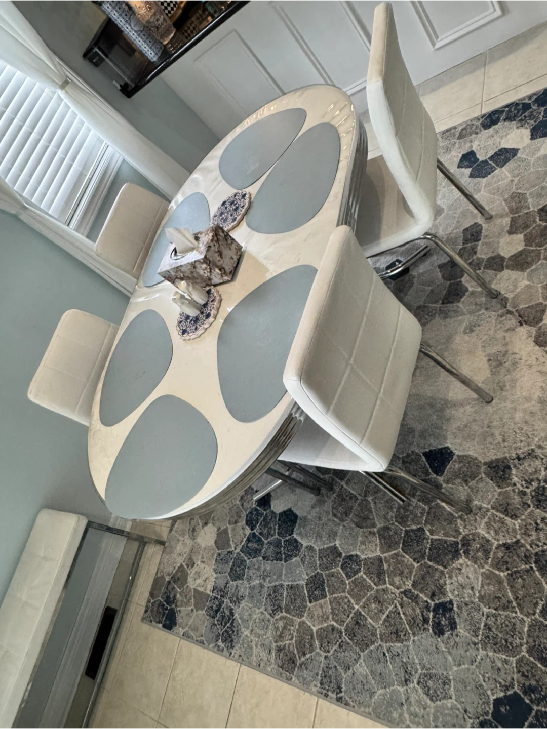 White Dinning table, white Chairs and Bench