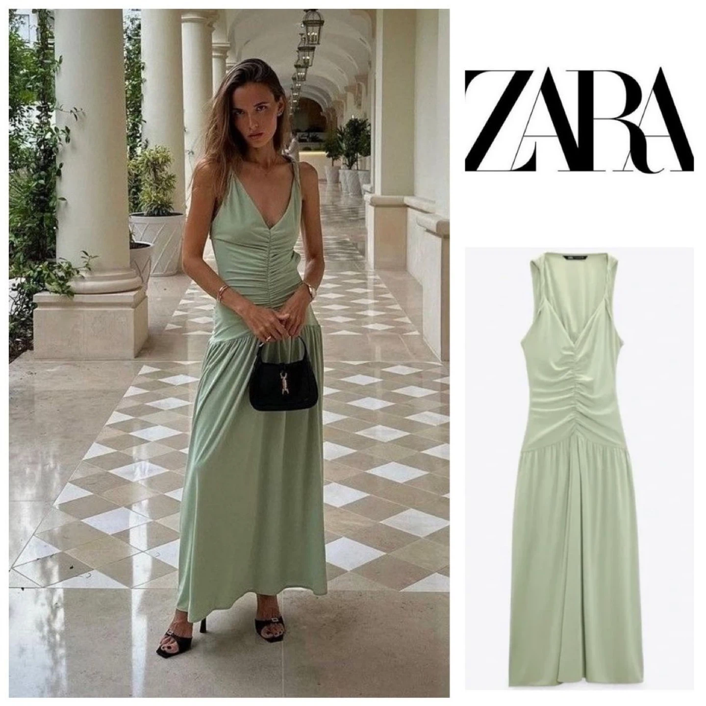Zara new draped ruched light green maxi dress, open back size XS