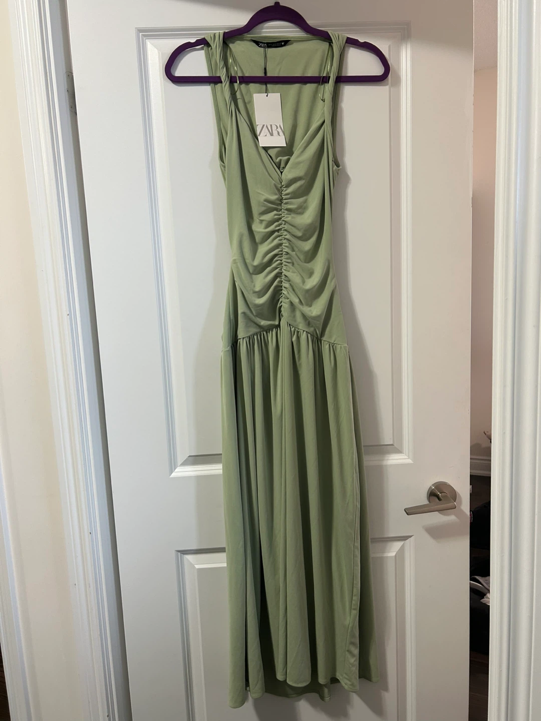 Zara new draped ruched light green maxi dress, open back size XS - photo 4