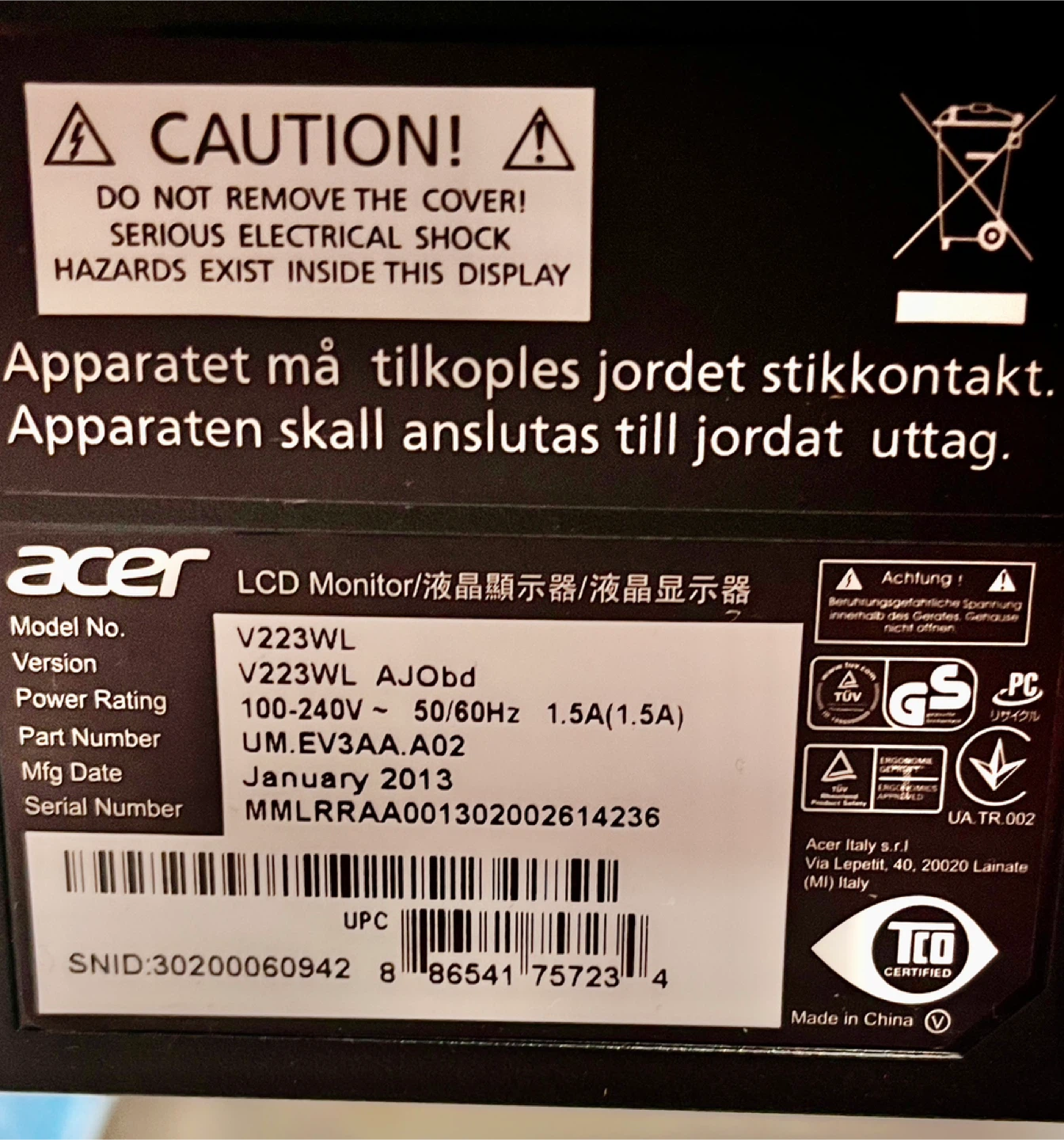 Acer V223WL 22 inch LCD Monitor - photo 3