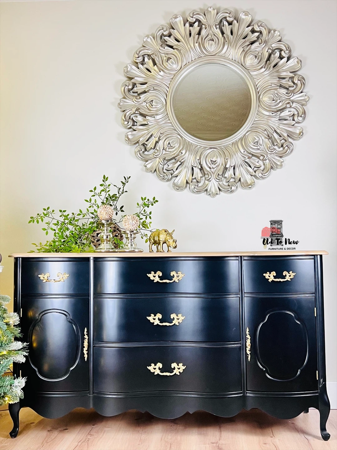 Black French Provincial Sideboard with Gold Hardware
