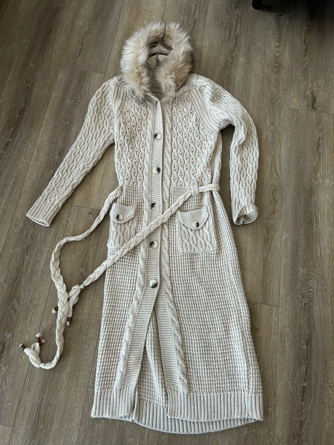 NEW- Long Knit Cardigan with Faux Fur Collar