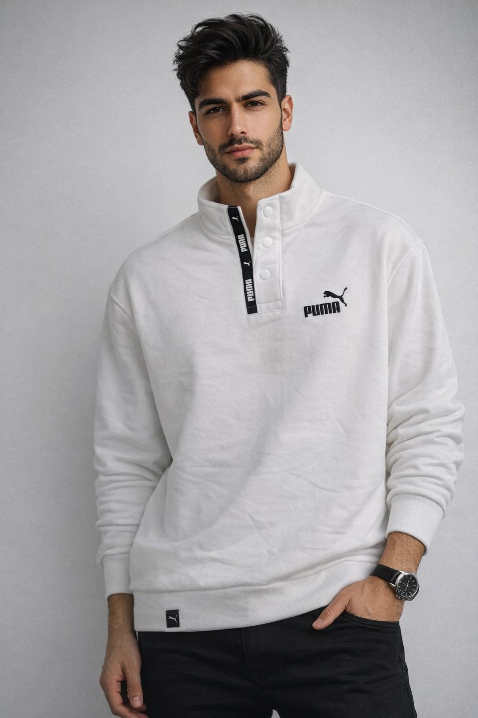 PUMA White Half Button Sweatshirt Relaxed Fit Unisex XL