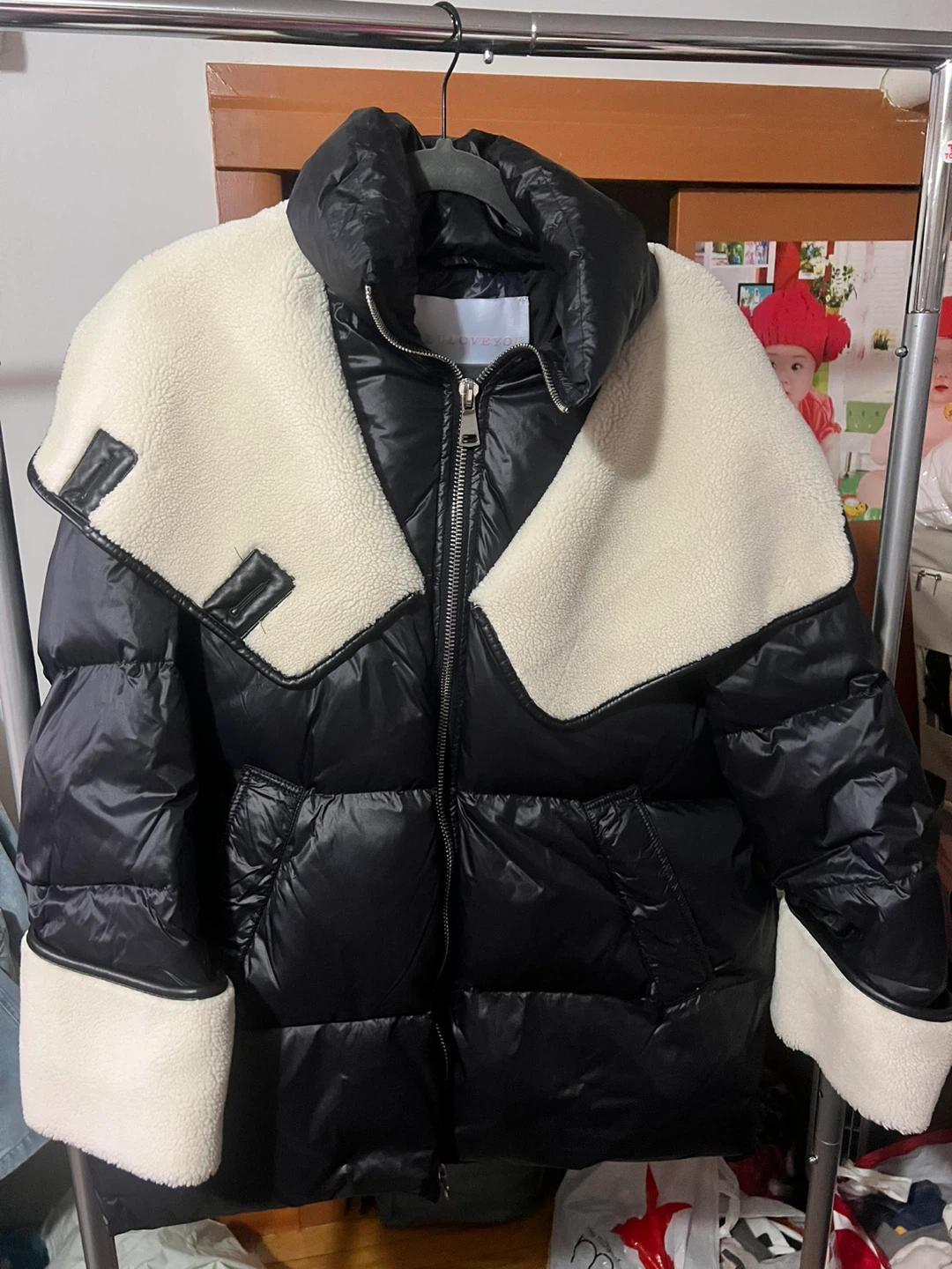 Black Puffer Down Jacket with White Collar