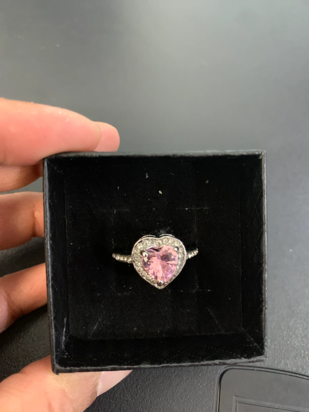 Silver Heart-Shaped Silver  Pink Stone Ring Size 9
