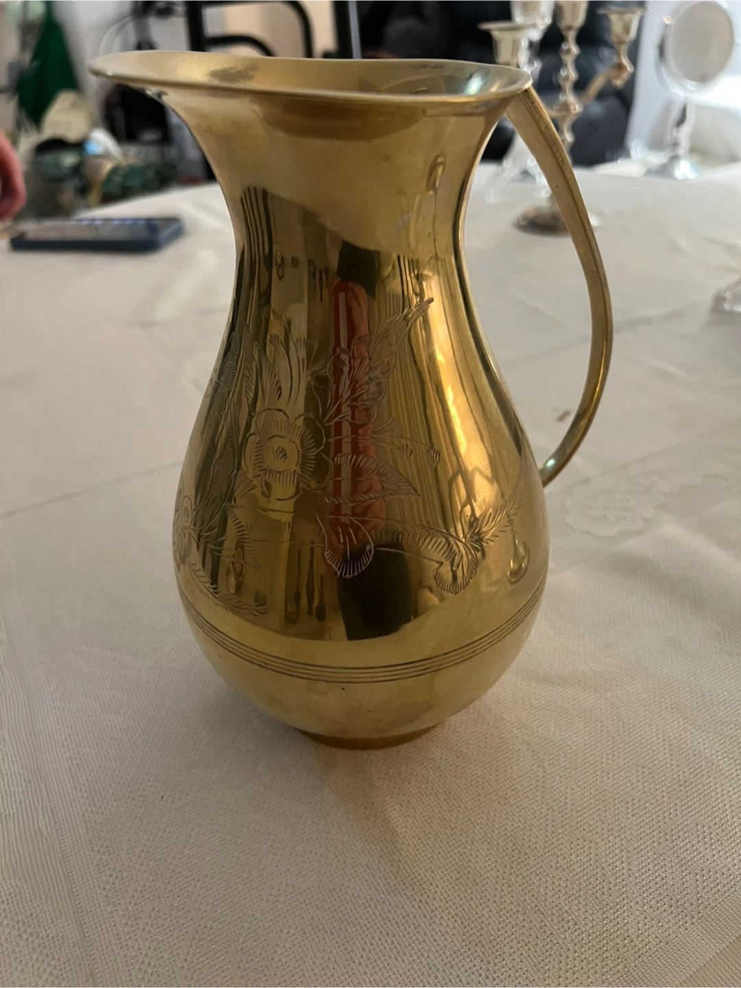 Vintage Brass Pitcher with Floral Design