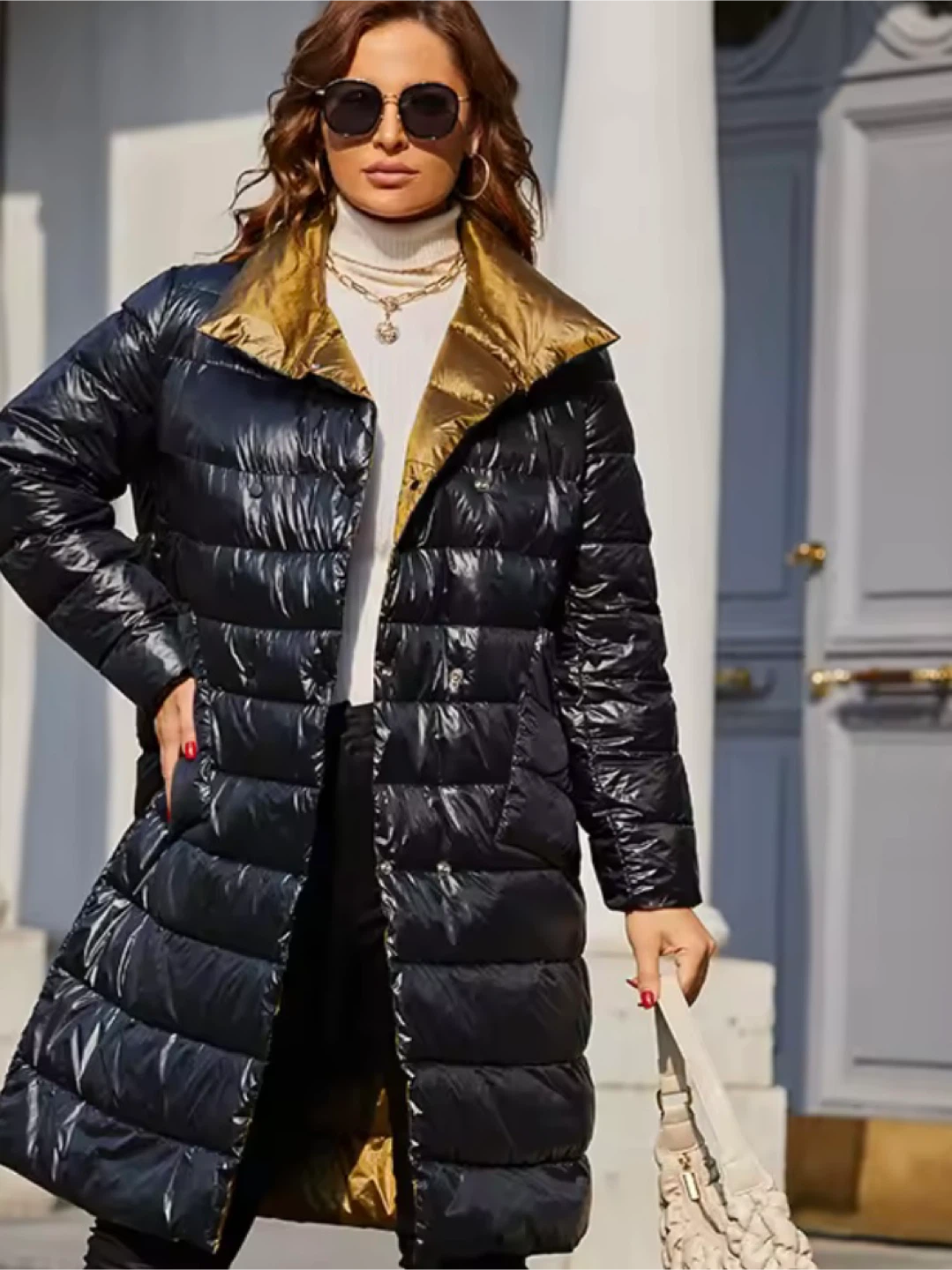 Women’s Longline Quilted Jacket Black/Gold - photo 3