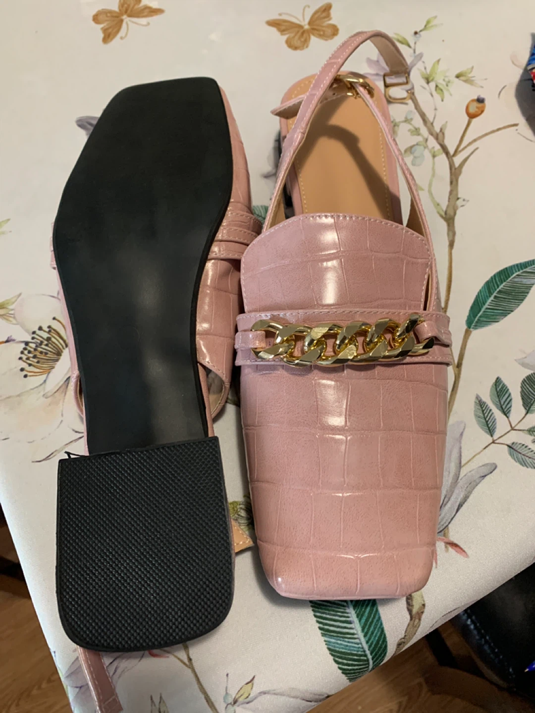 Pink Slingback Heels with Gold Chain Detail