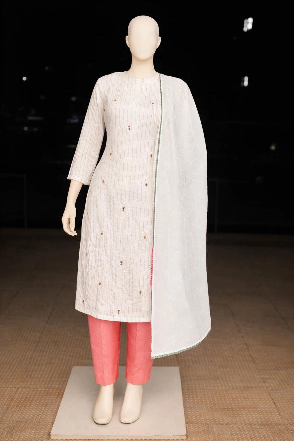 White Embroidered Kurti Set w/ Pink Pants