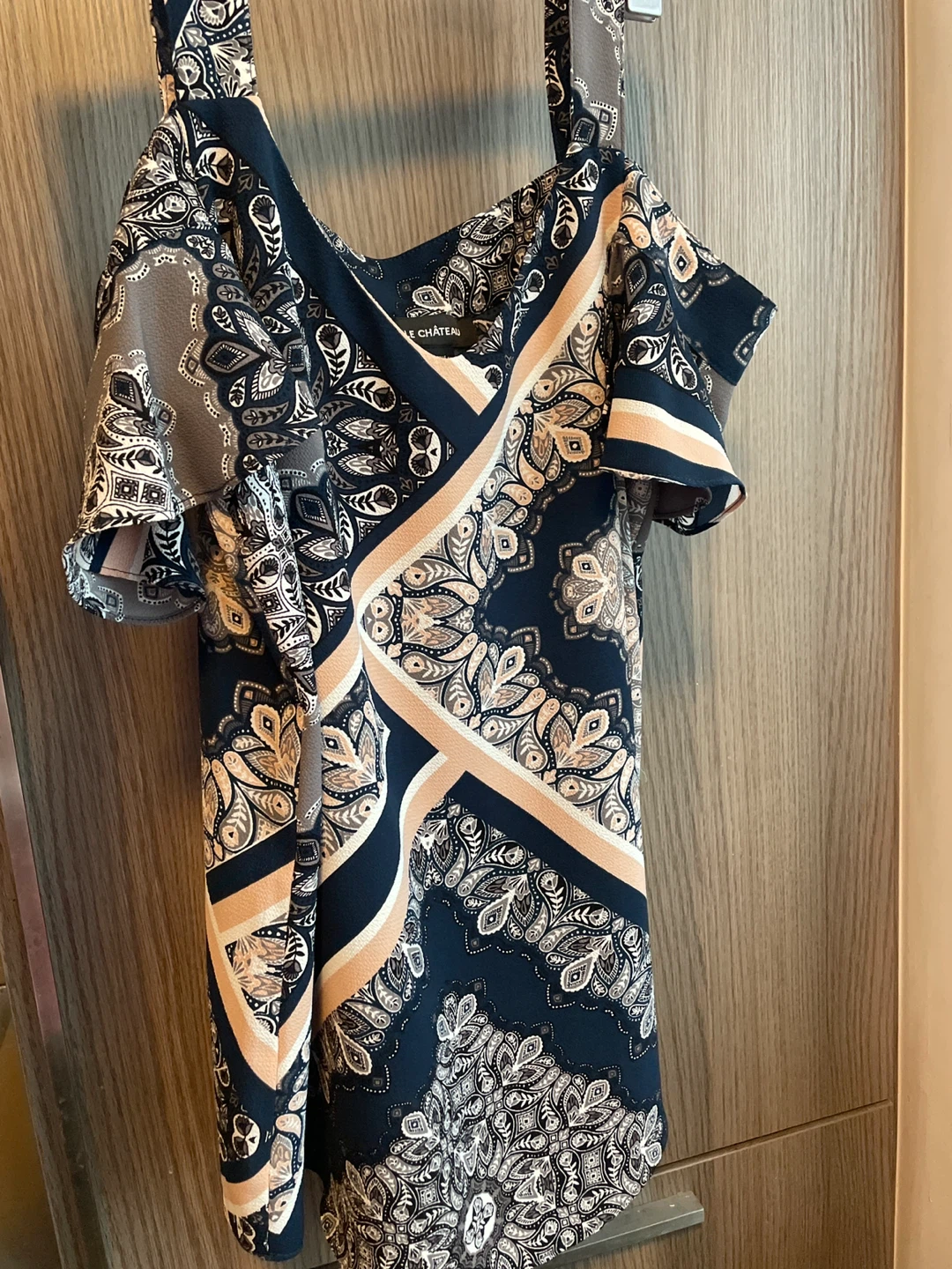 Le Chateau Dress - Navy, Beige Pattern