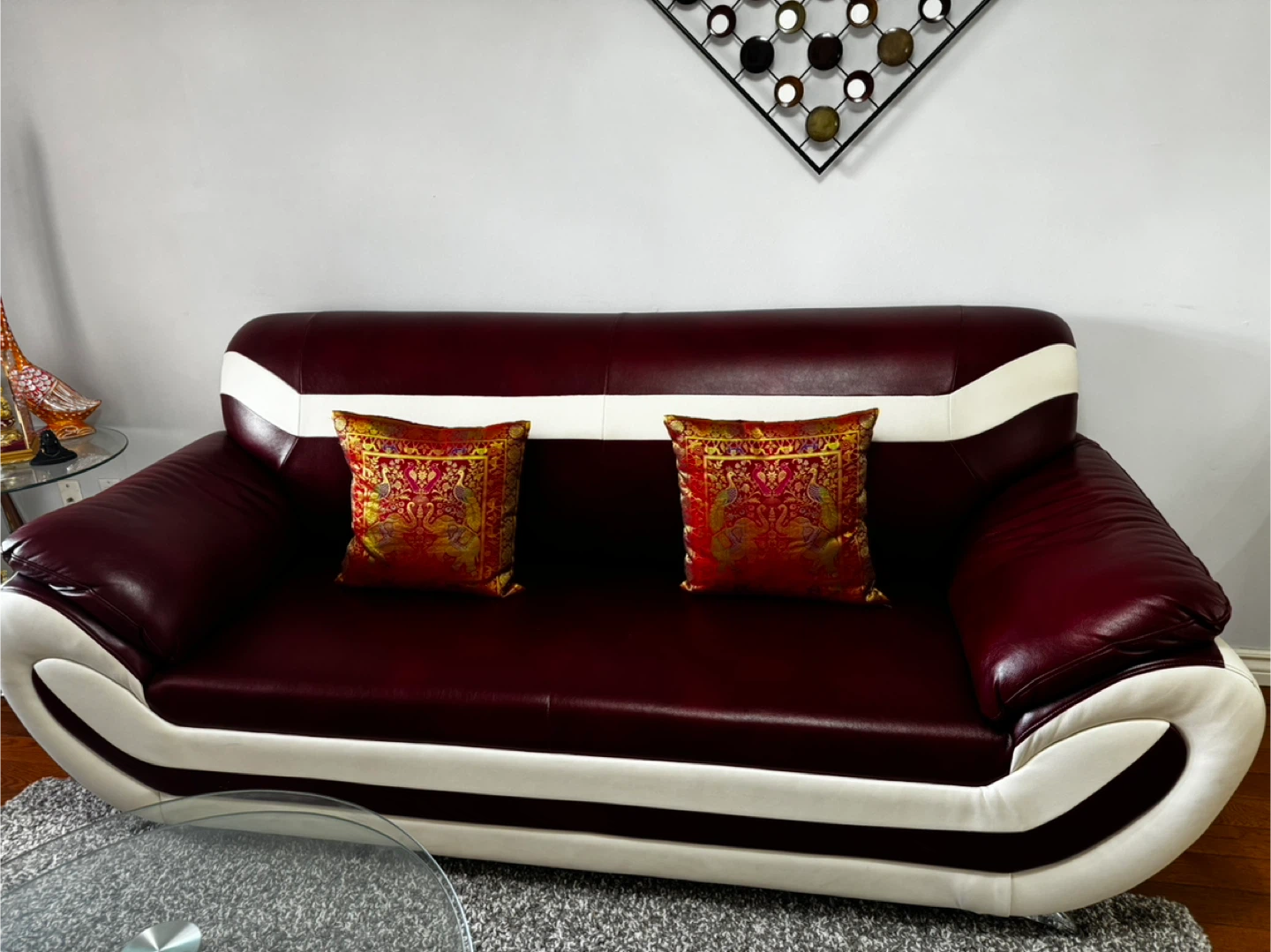 Burgundy and White Leather Sofa Set