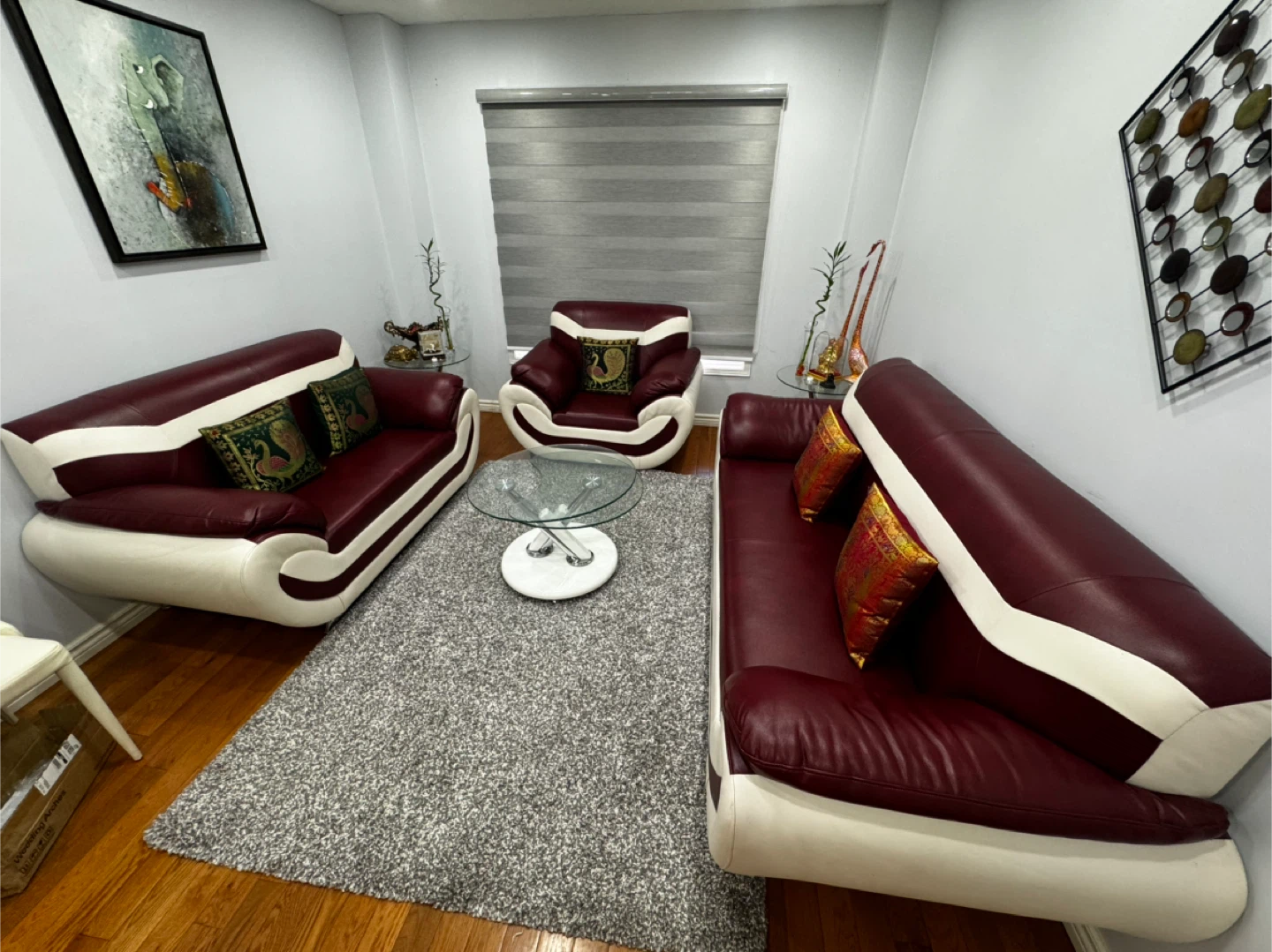 Burgundy and White Leather Sofa Set - photo 4