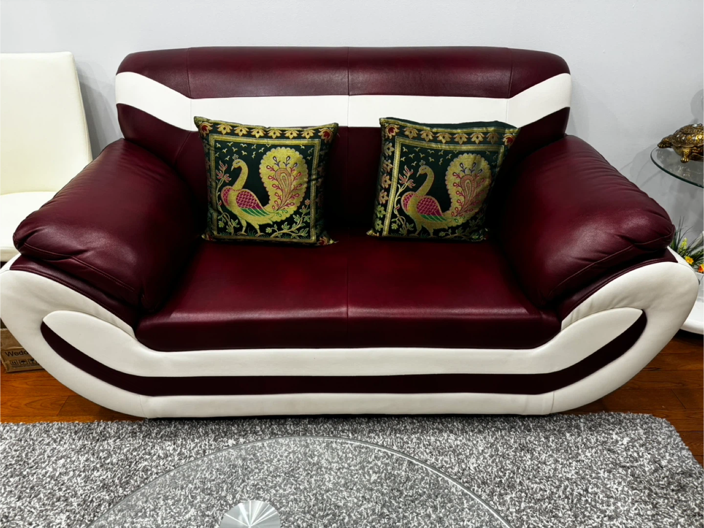 Burgundy and White Leather Sofa Set - photo 3