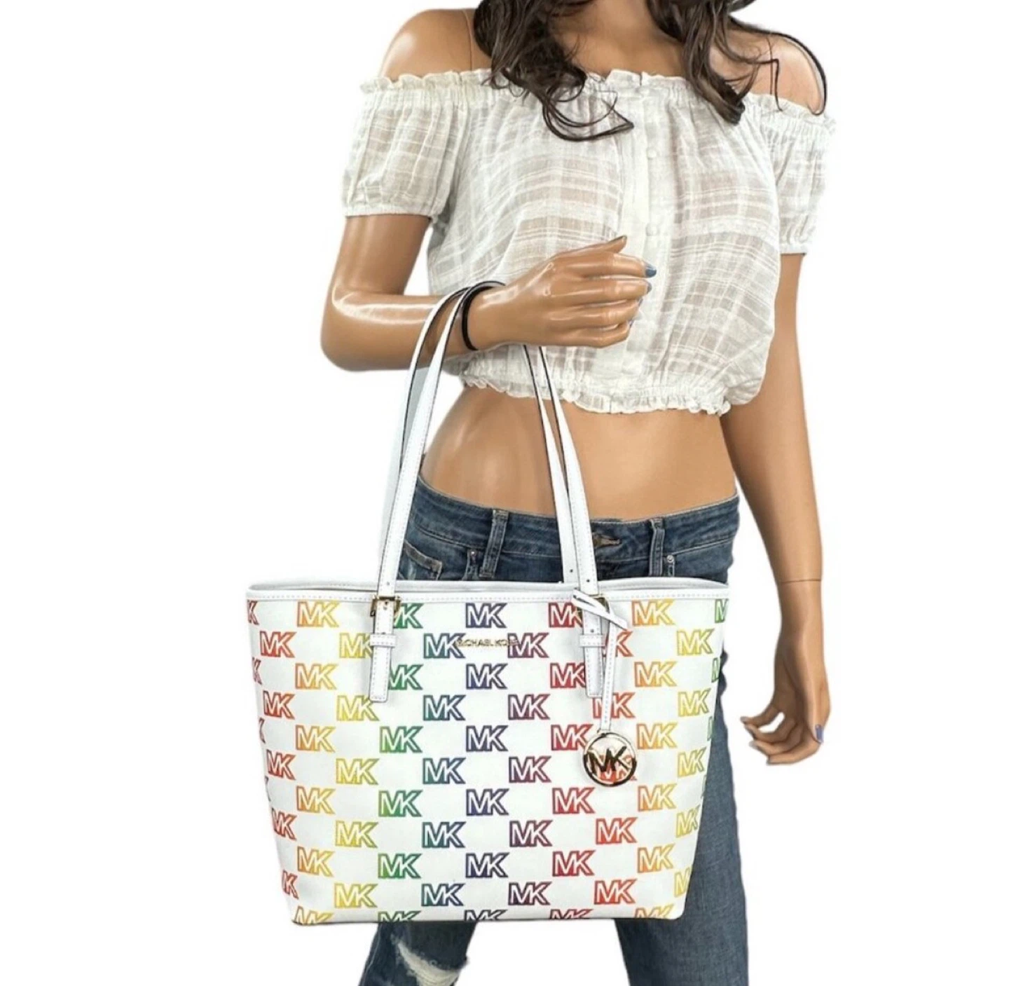 Michael Kors Tote Bag - White with Rainbow MK Logo - photo 5