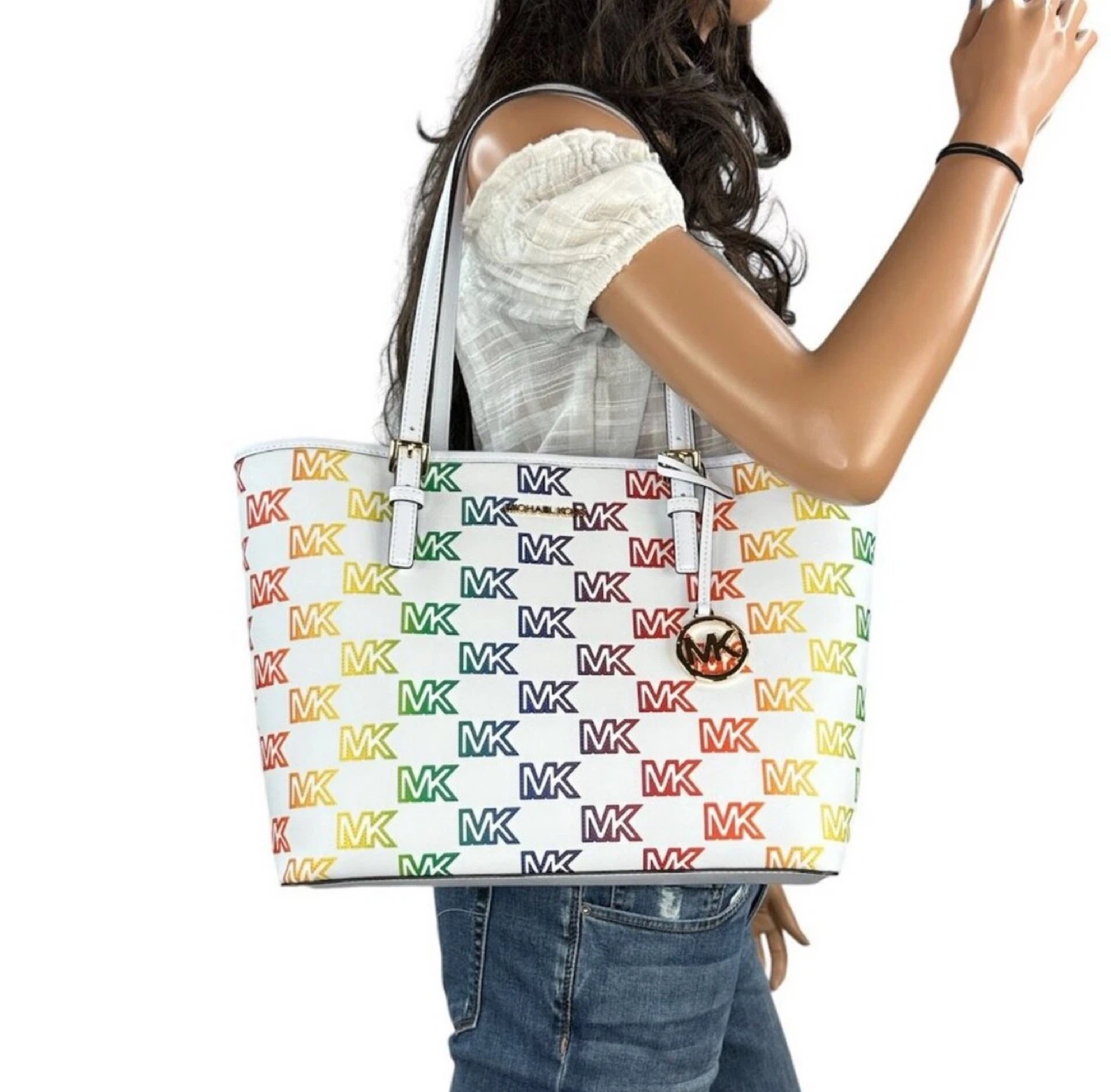 Michael Kors Tote Bag - White with Rainbow MK Logo