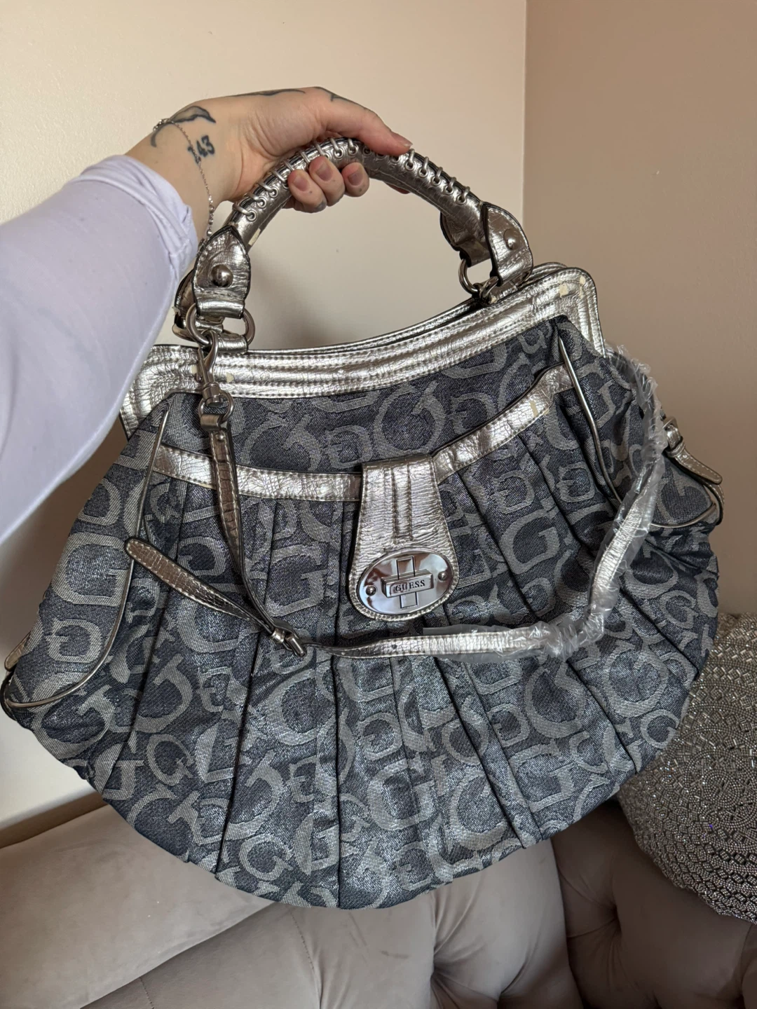Guess Dome Satchel Bag - Silver/Grey