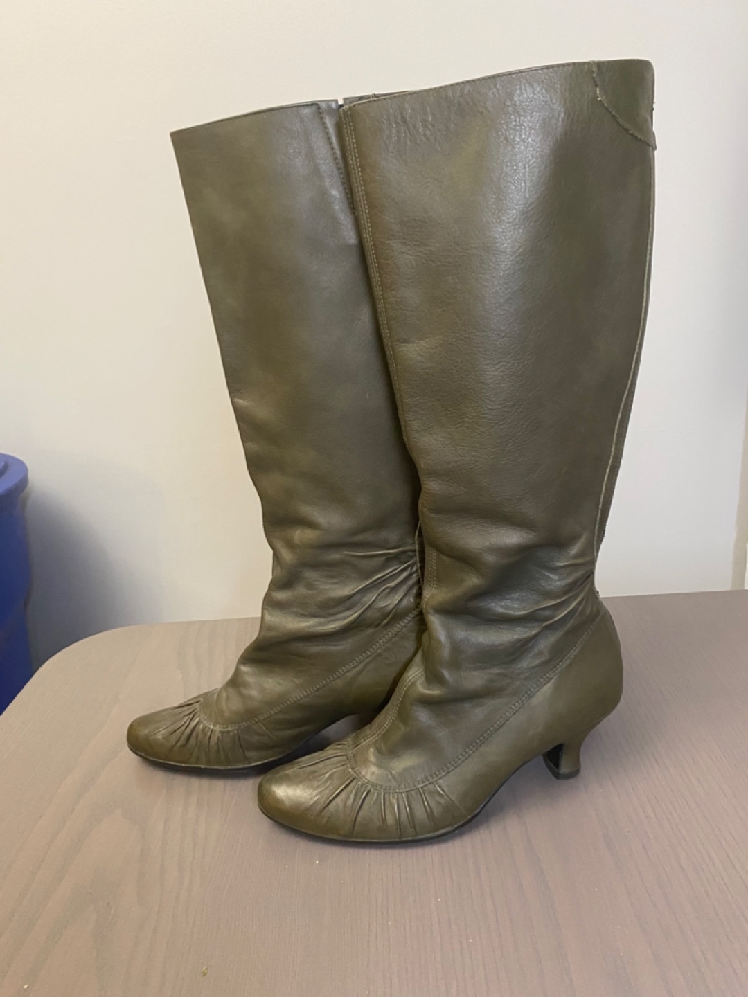 Olive Green Leather Knee-High Boots