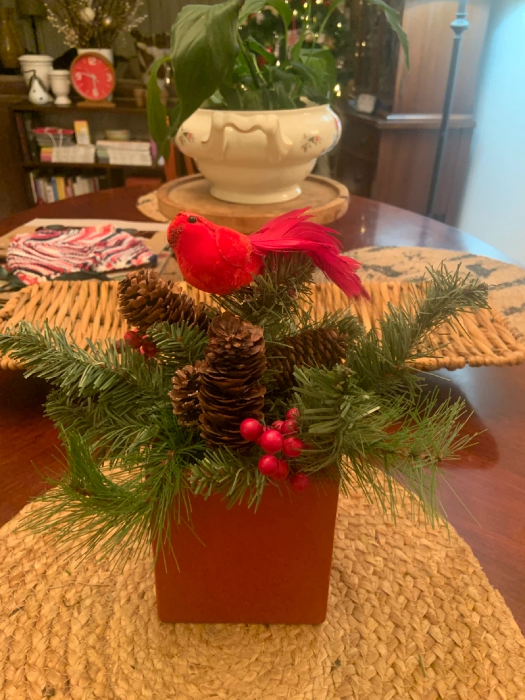 Christmas floral arrangement with cardinal