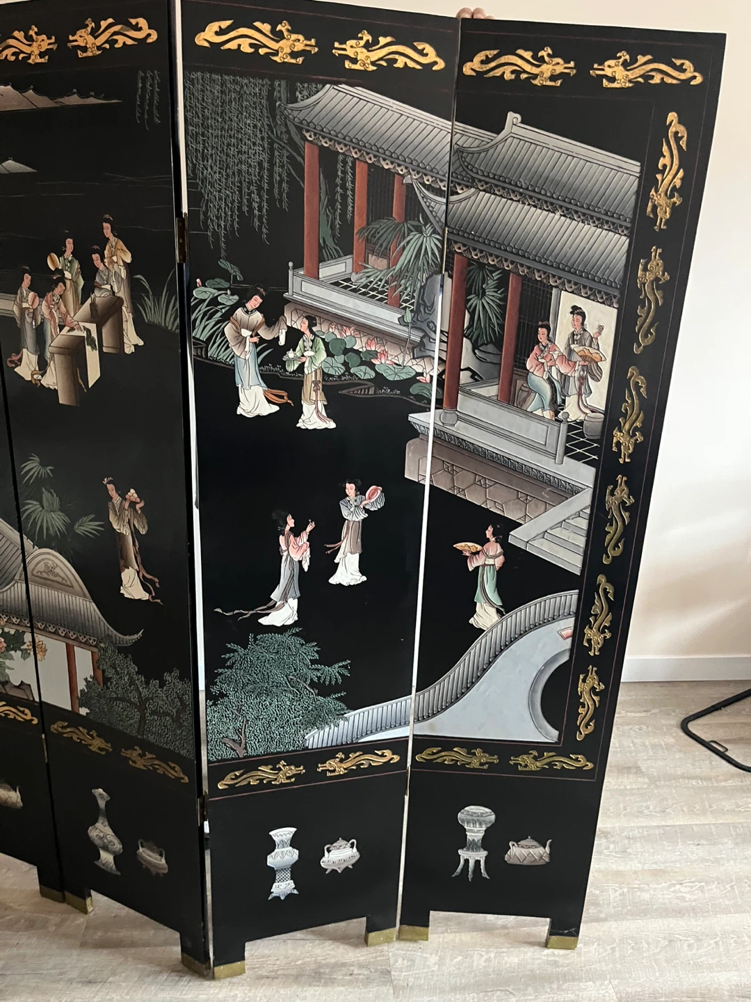 Oriental Black Lacquer 4-Panel Room Divider