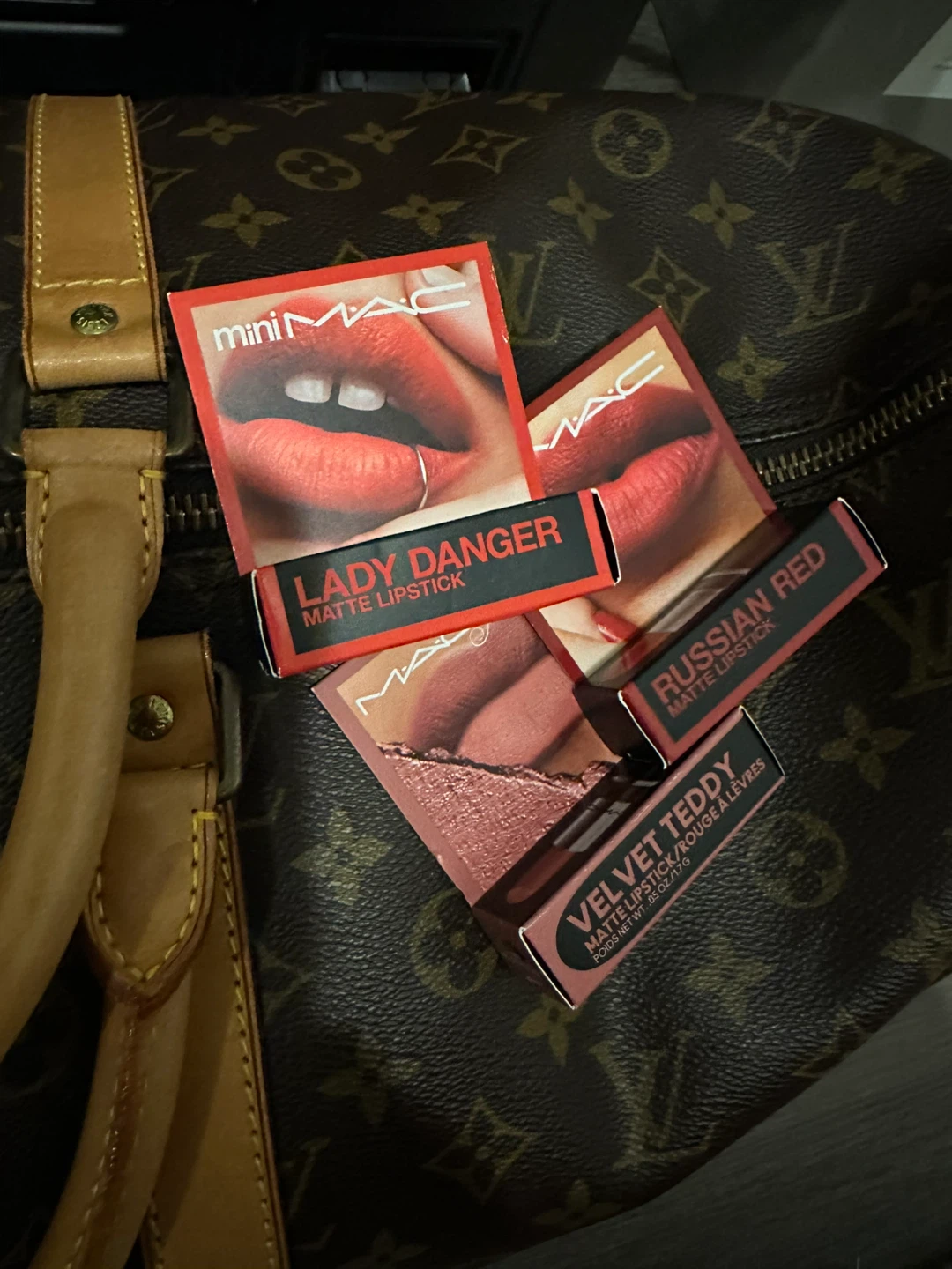 Mini MAC Matte Lipsticks: Lady Danger, Russian Red, Velvet Teddy