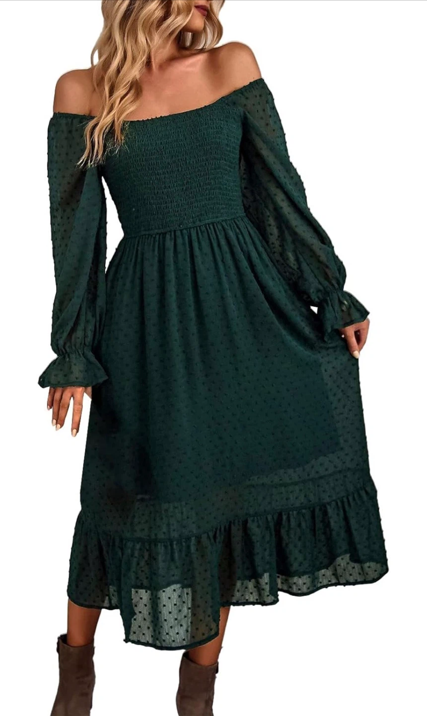 NEW! Bohemian Swiss Dot Ruffle Hem Flowy Flare Sleeve Dress