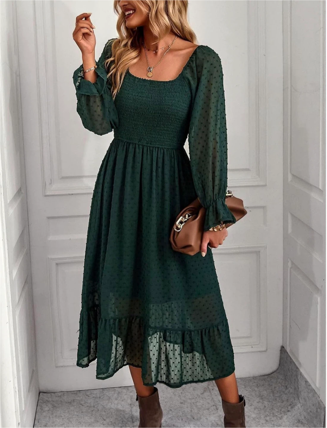NEW! Bohemian Swiss Dot Ruffle Hem Flowy Flare Sleeve Dress - photo 5