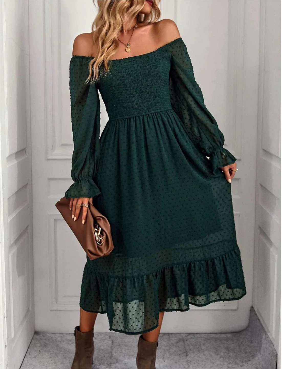 NEW! Bohemian Swiss Dot Ruffle Hem Flowy Flare Sleeve Dress - photo 3