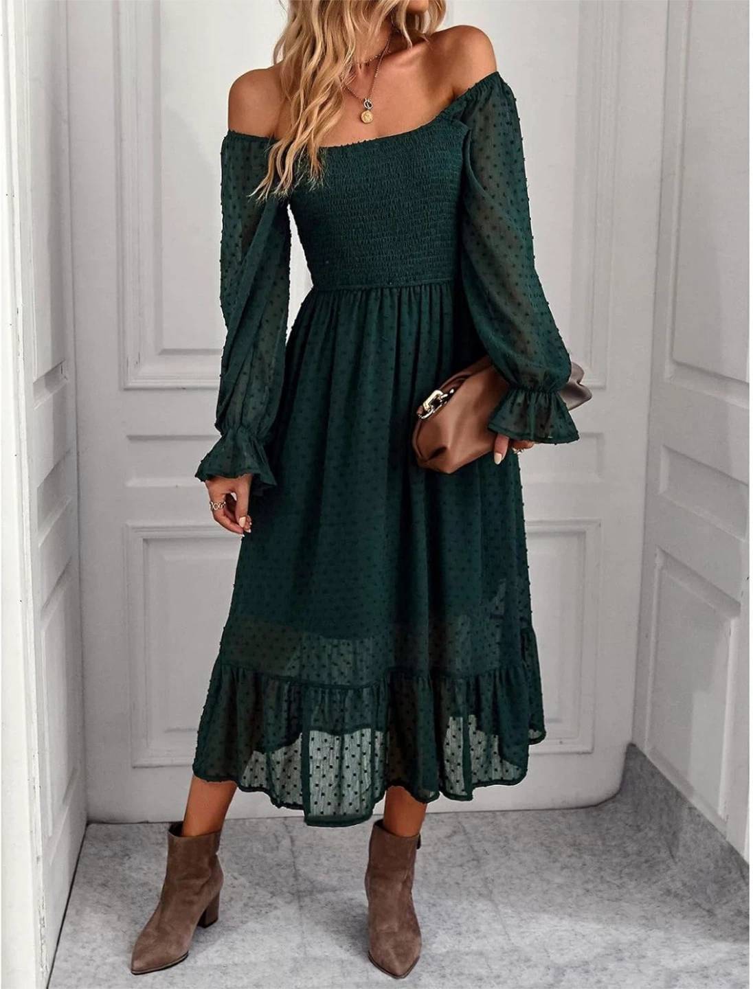 NEW! Bohemian Swiss Dot Ruffle Hem Flowy Flare Sleeve Dress - photo 2