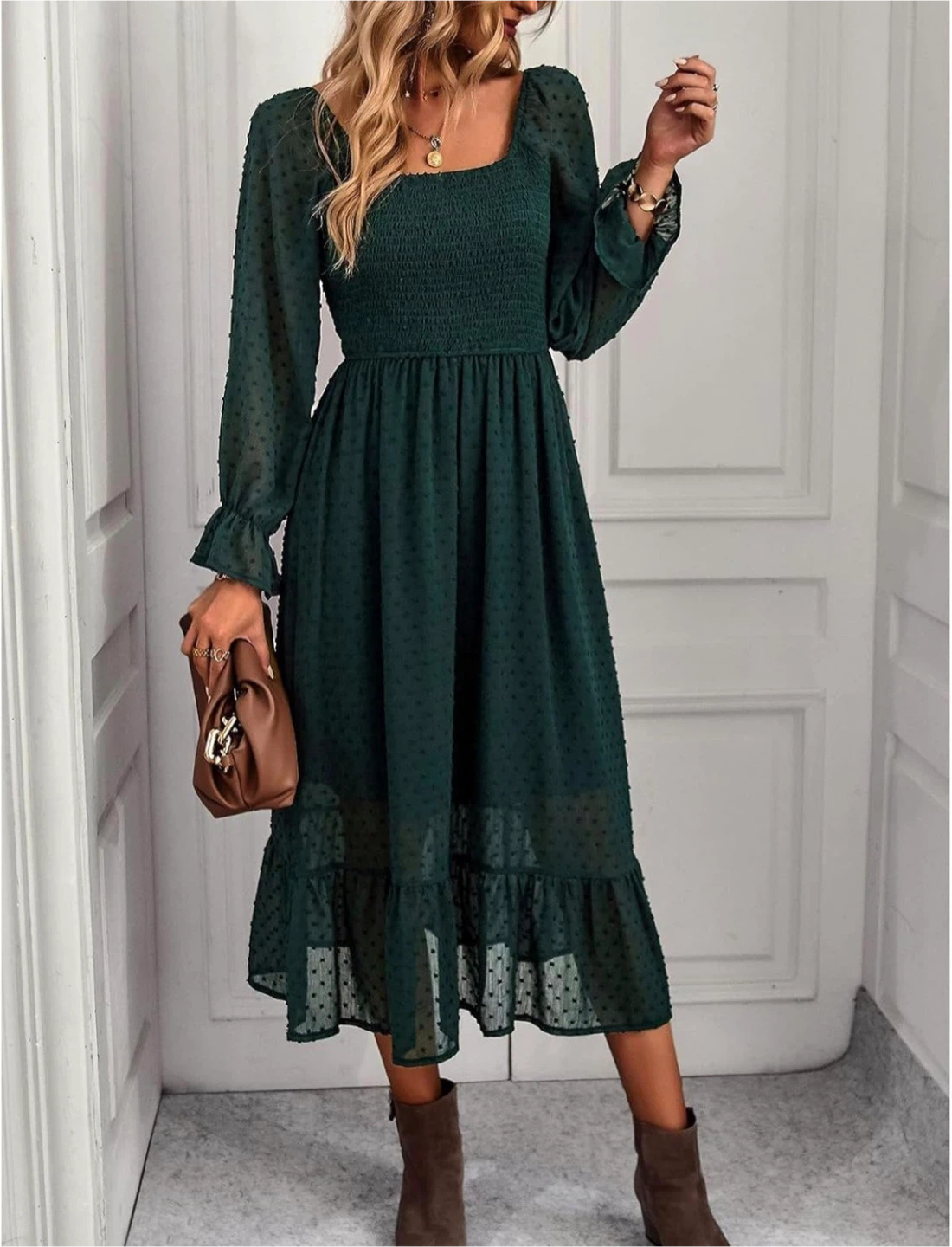 NEW! Bohemian Swiss Dot Ruffle Hem Flowy Flare Sleeve Dress - photo 4