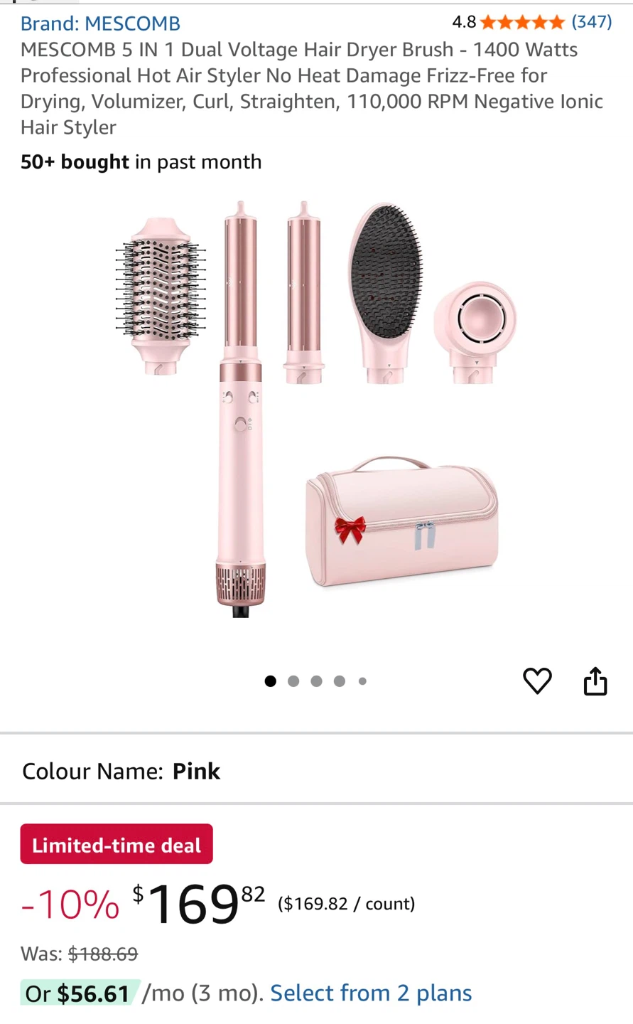 MESCOMB 5 in 1 Hair Dryer Brush - Pink, New in Box