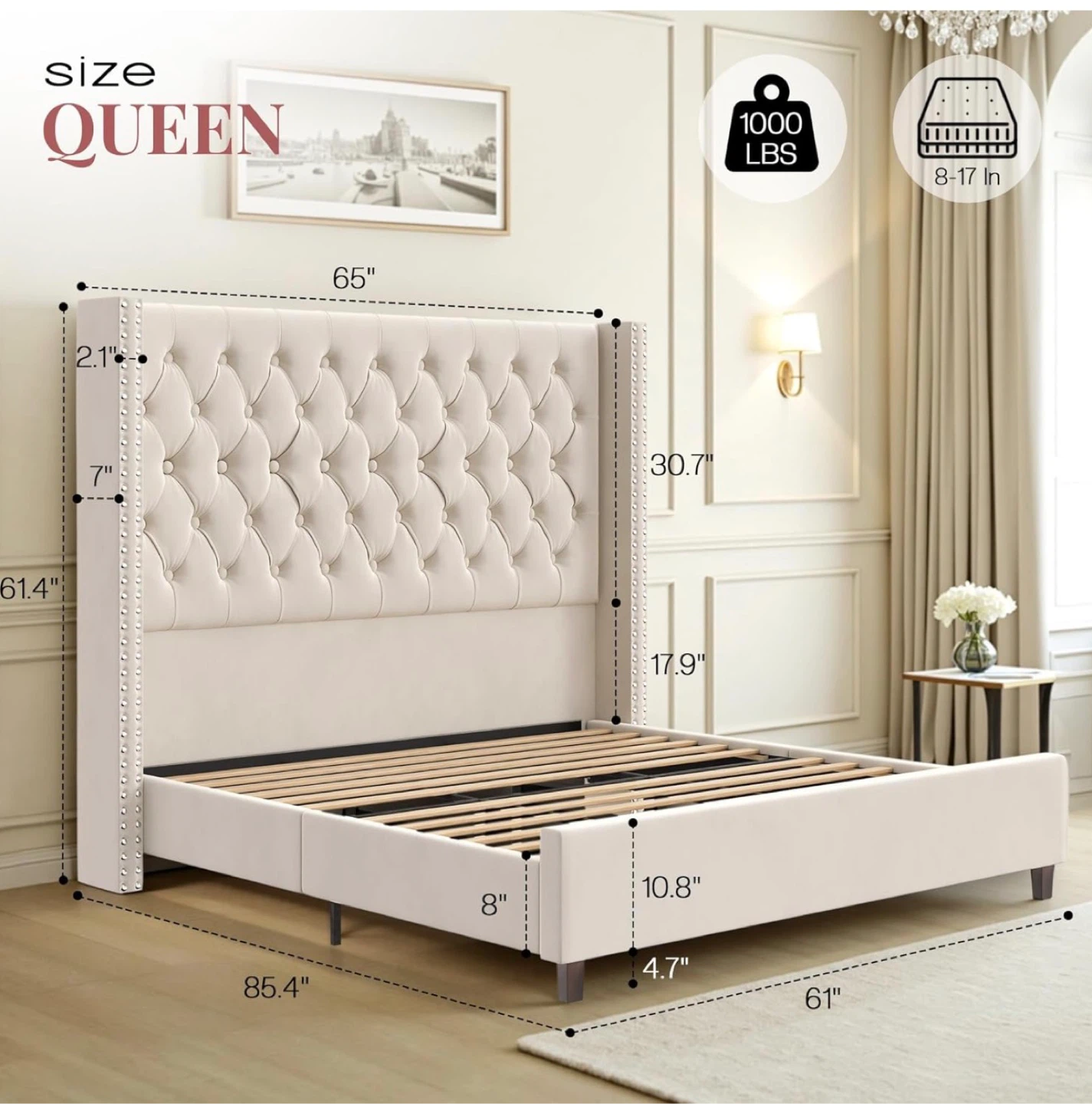 Queen Size Upholstered Platform Bed Frame - photo 2