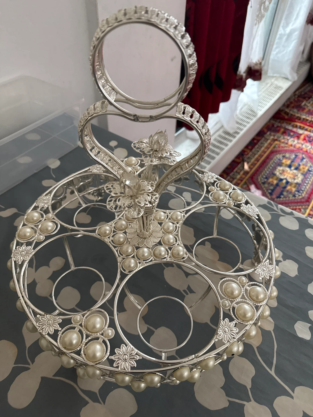Silver Decorative Tray with Pearls
