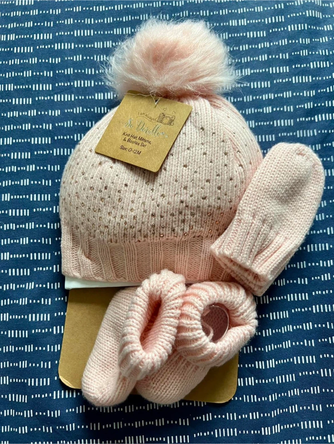 #gifting Pink Hat, Booties, & Mittens Set with Faux Fur Pompom