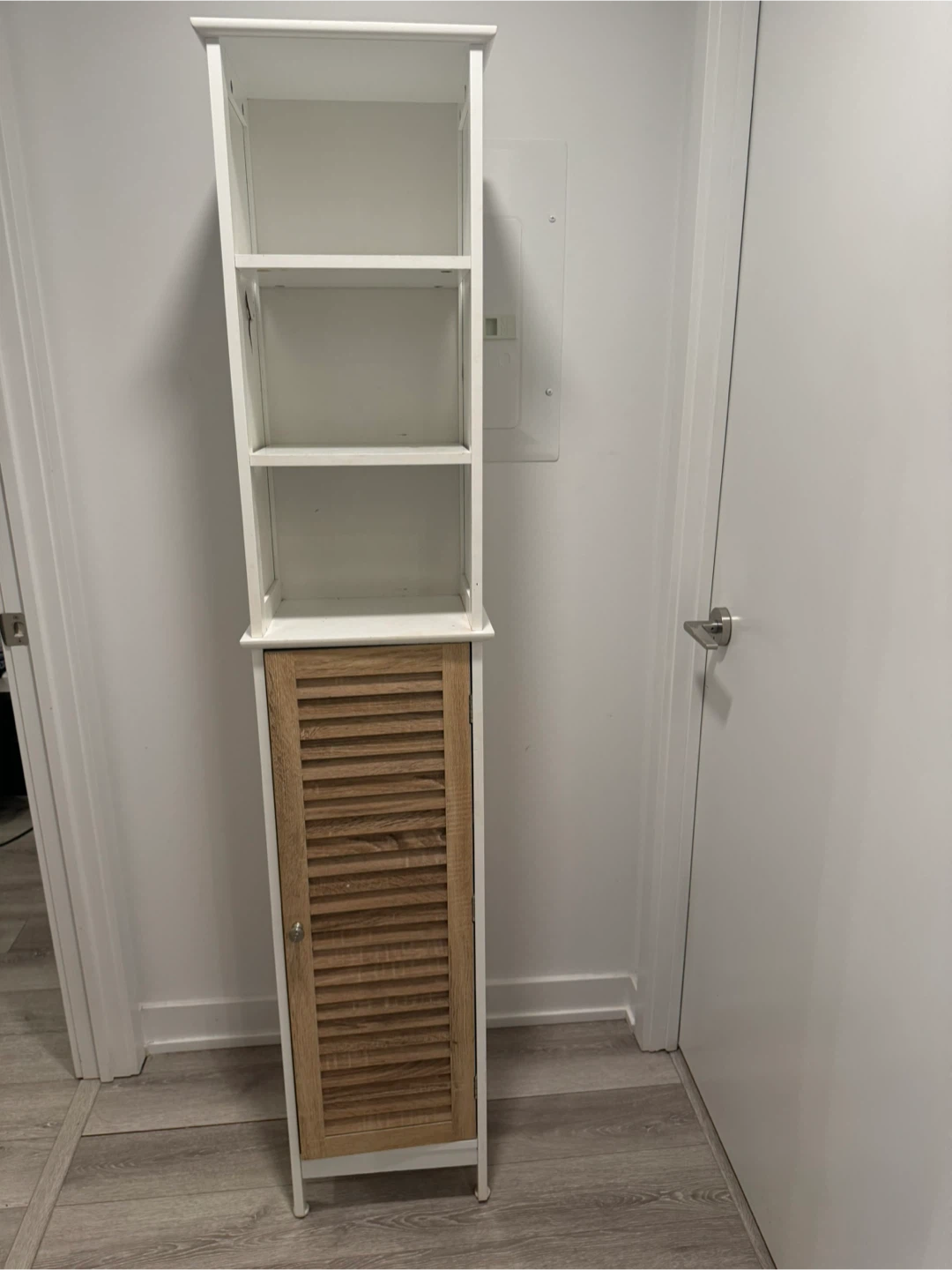 White Shelf Unit with Wood Door
