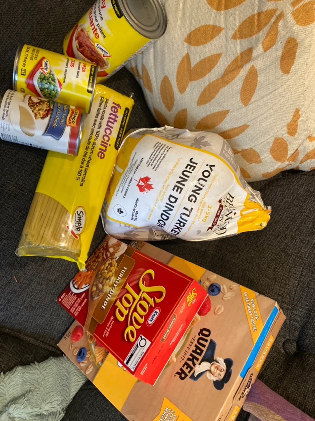 Assorted Food Items: Pasta, Turkey, Stove Top