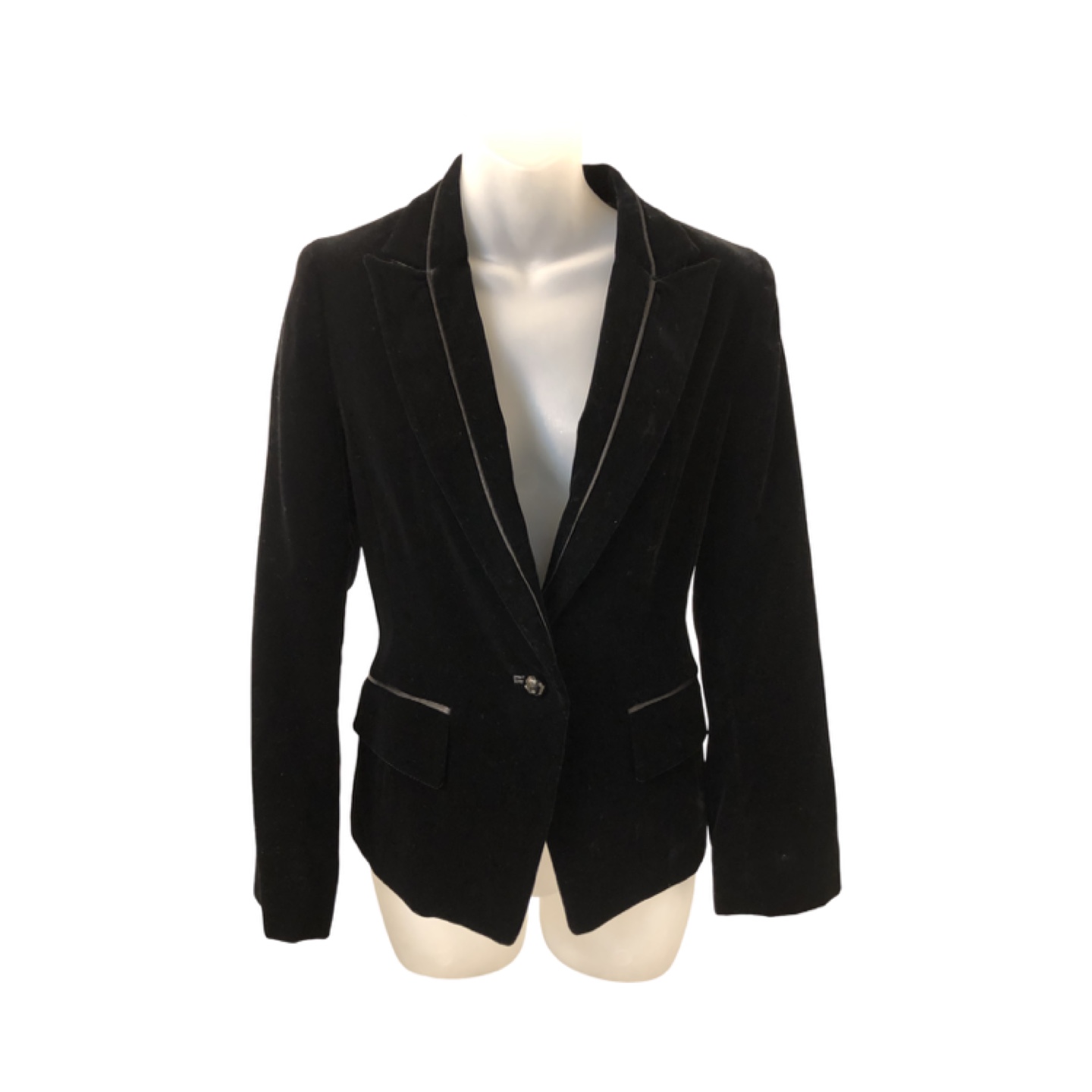 Tailored Black Velvet Blazer with Satin Piping Trim