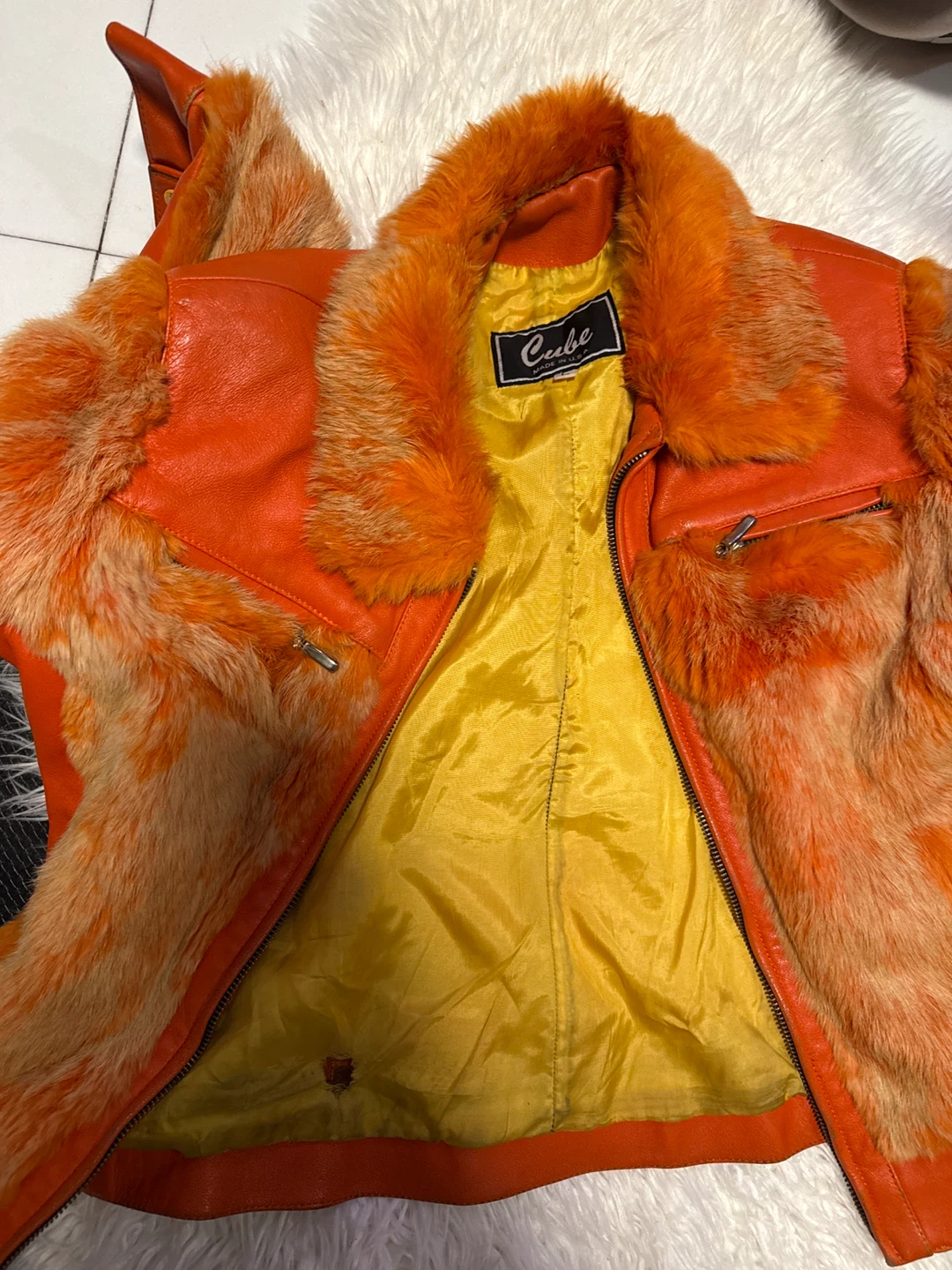 Cube Orange Fur Trim Leather Jacket - Size L