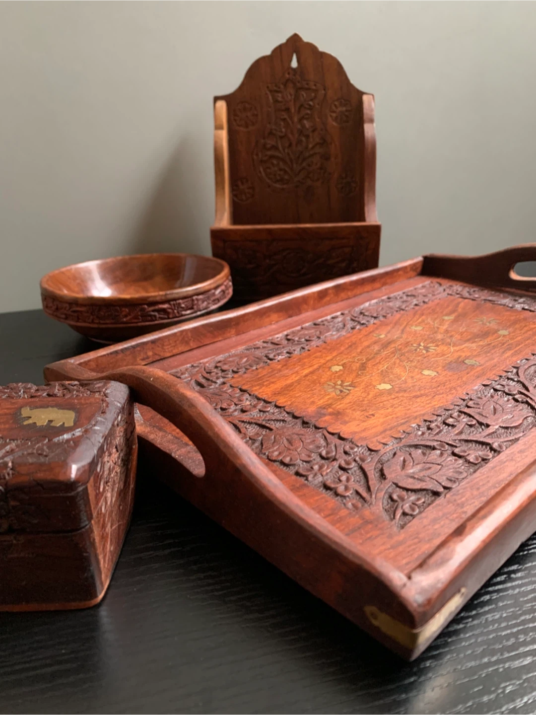 Vintage Hand Carved Wooden Tray Set - photo 2