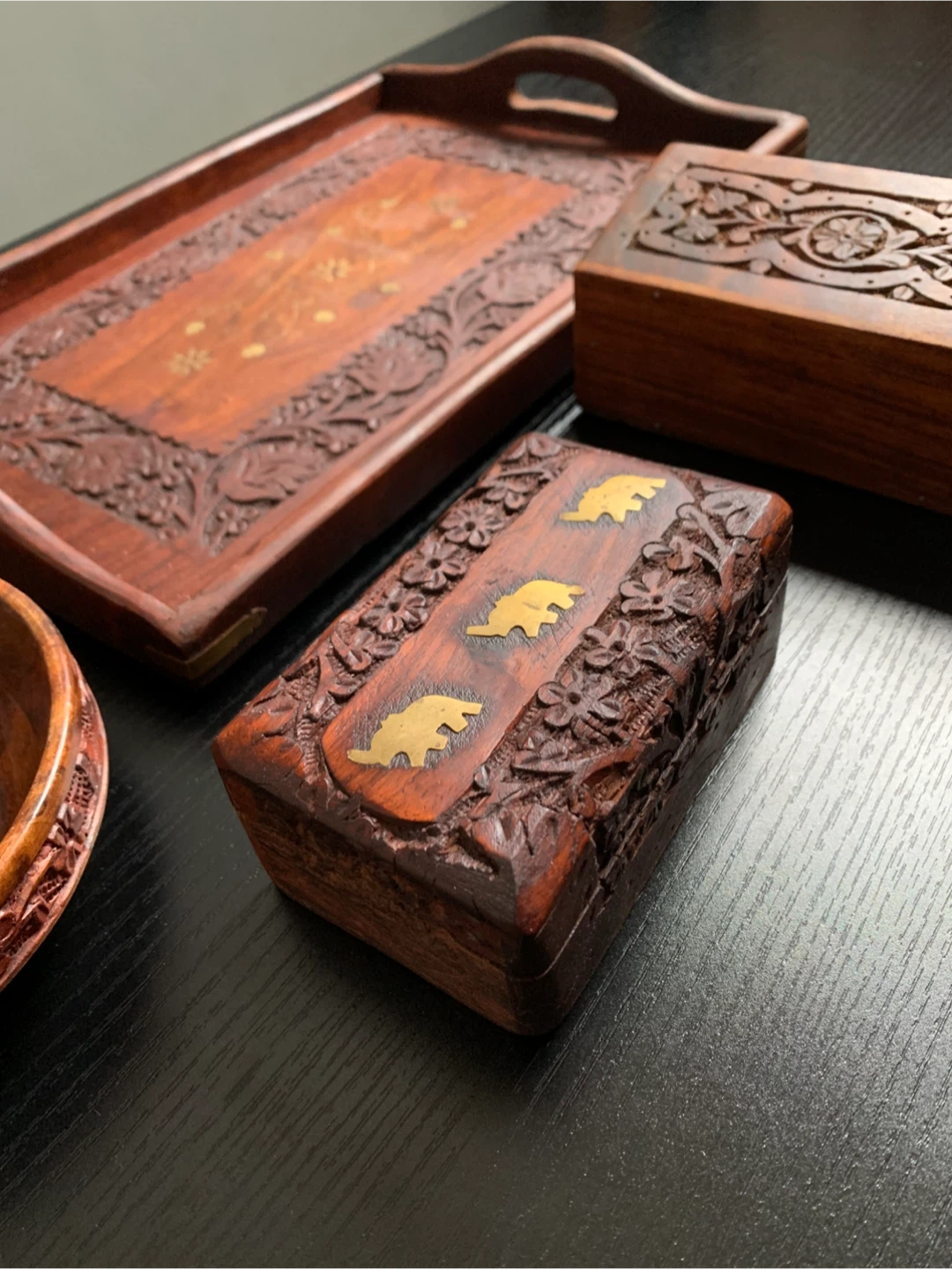 Vintage Hand Carved Wooden Tray Set