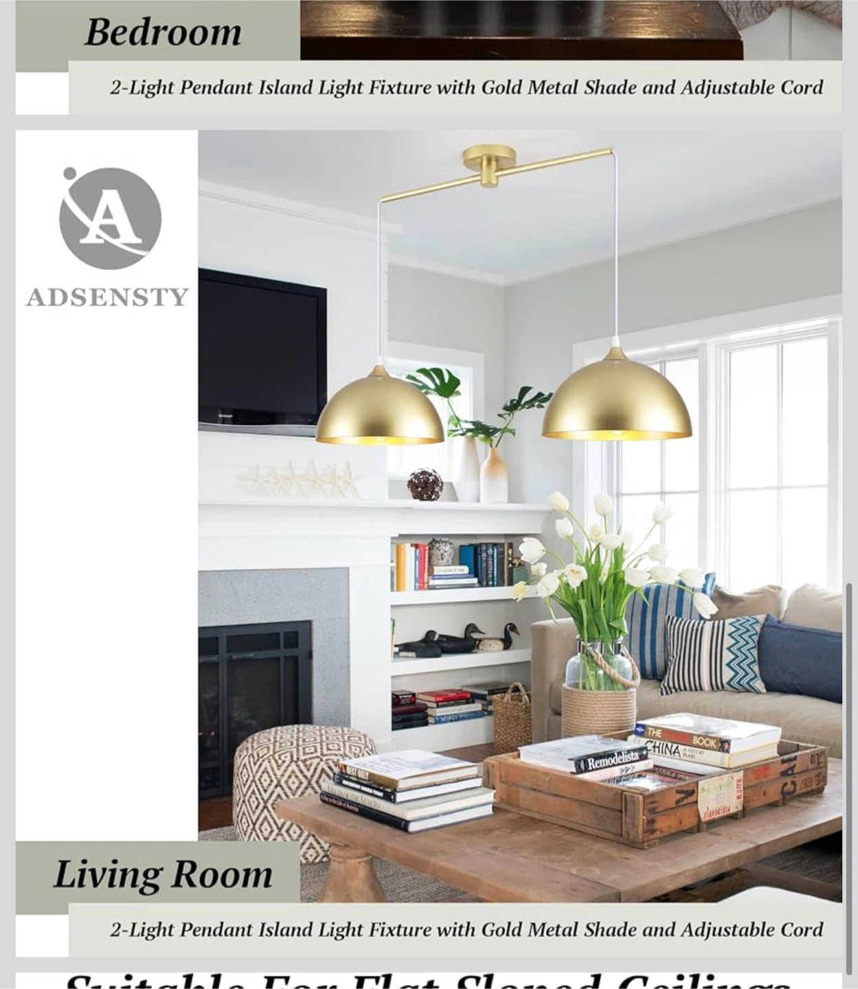 Adsensty 2-Light Pendant Island Light - Gold - photo 3