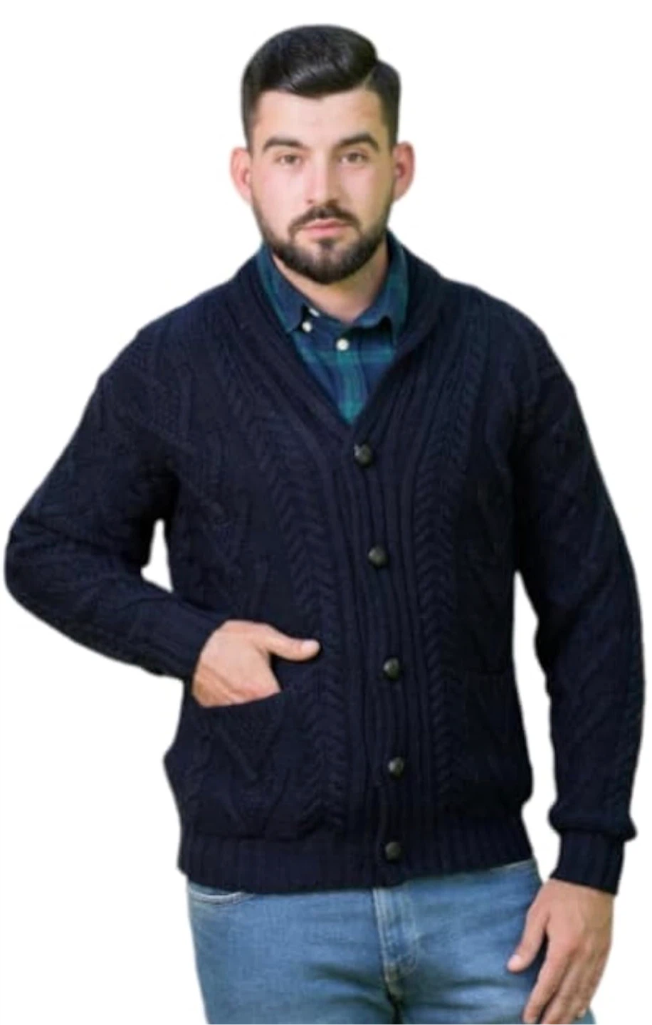 NEW! SAOL 100% Merino Wool Mens Aran Cable Shawl-Collar Cardigan - photo 4