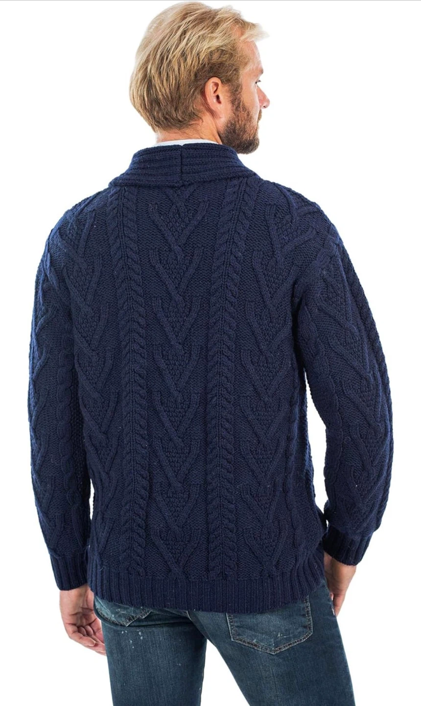 NEW! SAOL 100% Merino Wool Mens Aran Cable Shawl-Collar Cardigan - photo 5