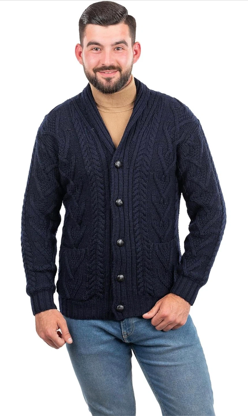 NEW! SAOL 100% Merino Wool Mens Aran Cable Shawl-Collar Cardigan - photo 3