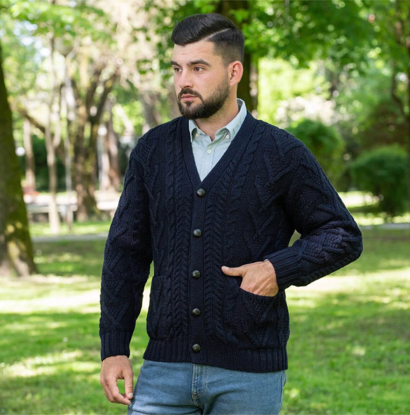 NEW! SAOL 100% Merino Wool Mens Aran Cable Shawl-Collar Cardigan - photo 2