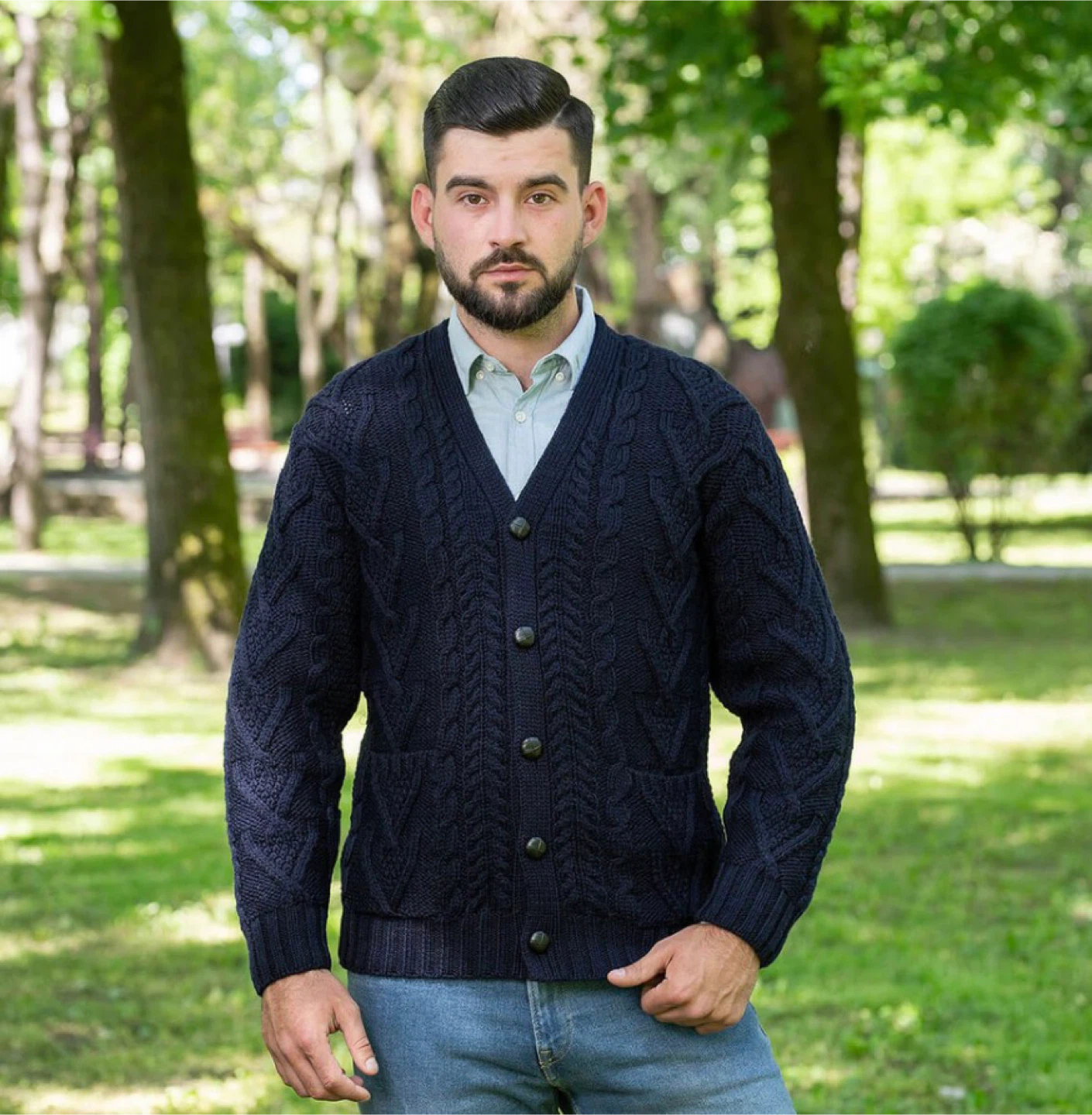 NEW! SAOL 100% Merino Wool Mens Aran Cable Shawl-Collar Cardigan