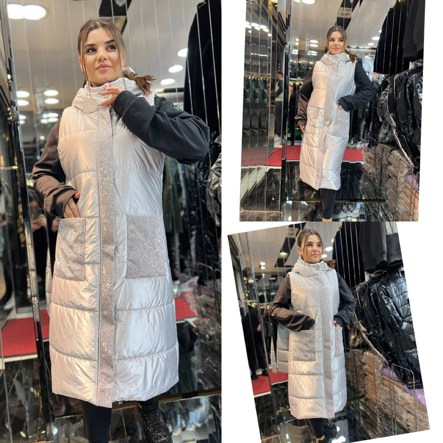 Silver Puffer Vest with Rhinestone Trim