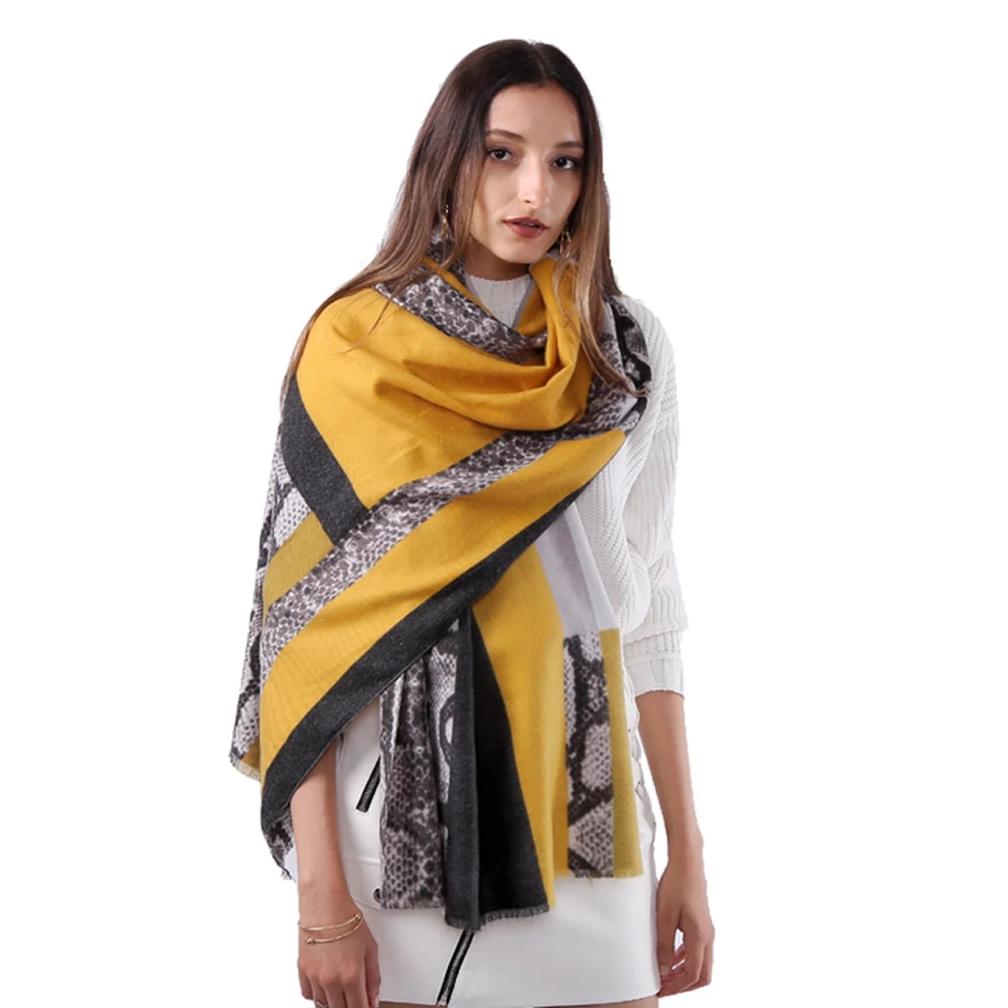 Snakeskin Print Scarf/Shawl - Yellow, Grey, & Black