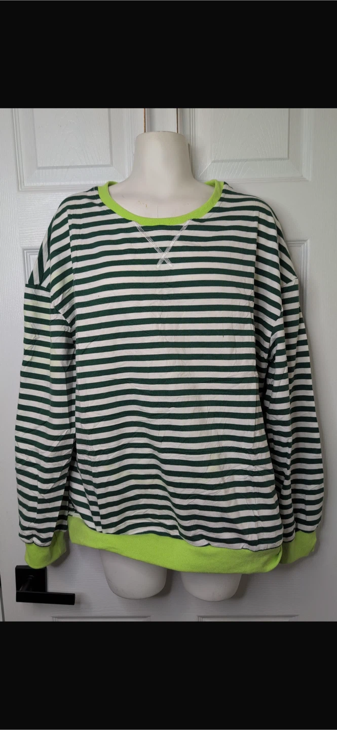 NEW! ALLMLOERS Striped Green/White Cotton Blend Sweater - photo 3